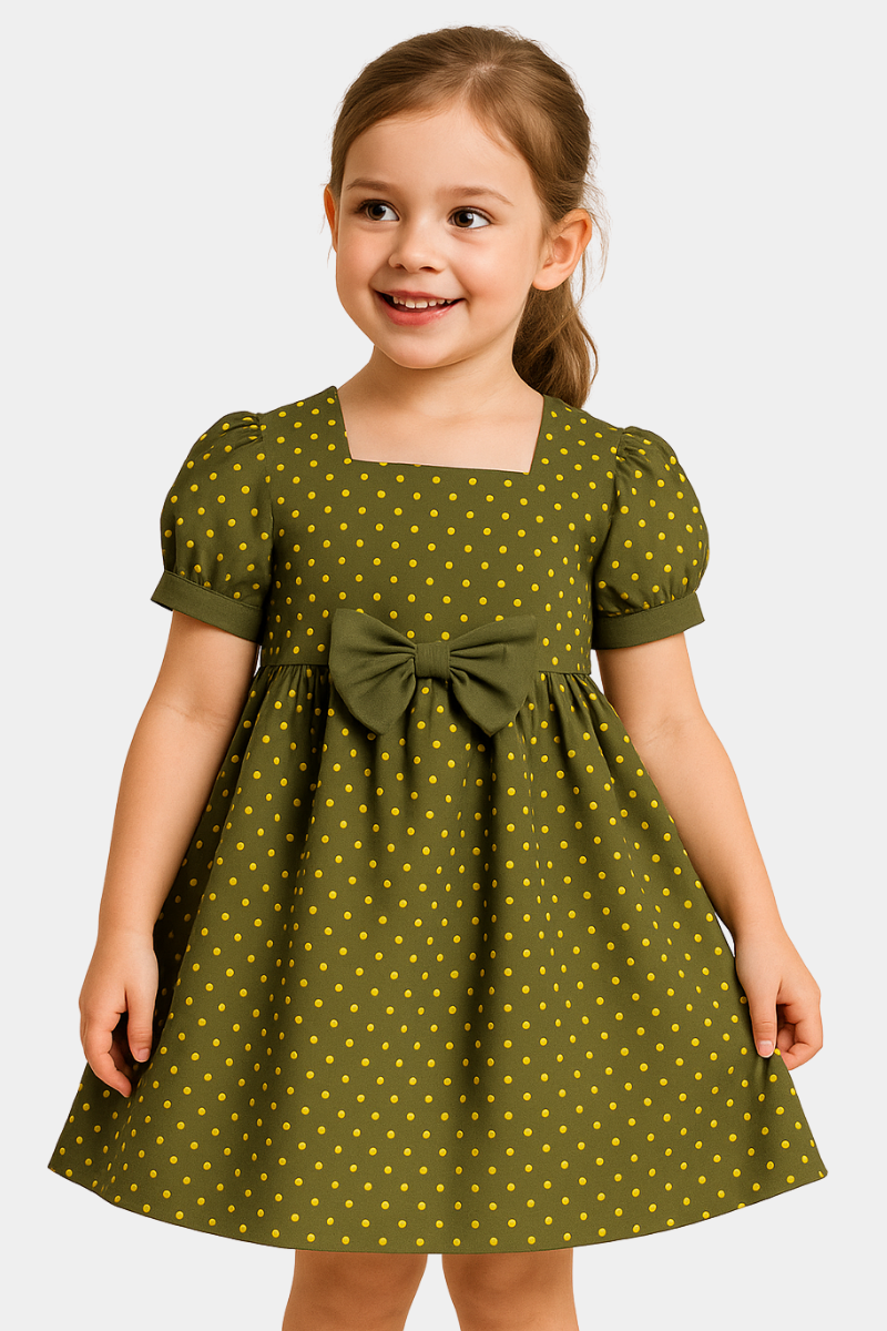 Girls’ Olive Green Polka Dot Shirt with Bow - Single Shirt