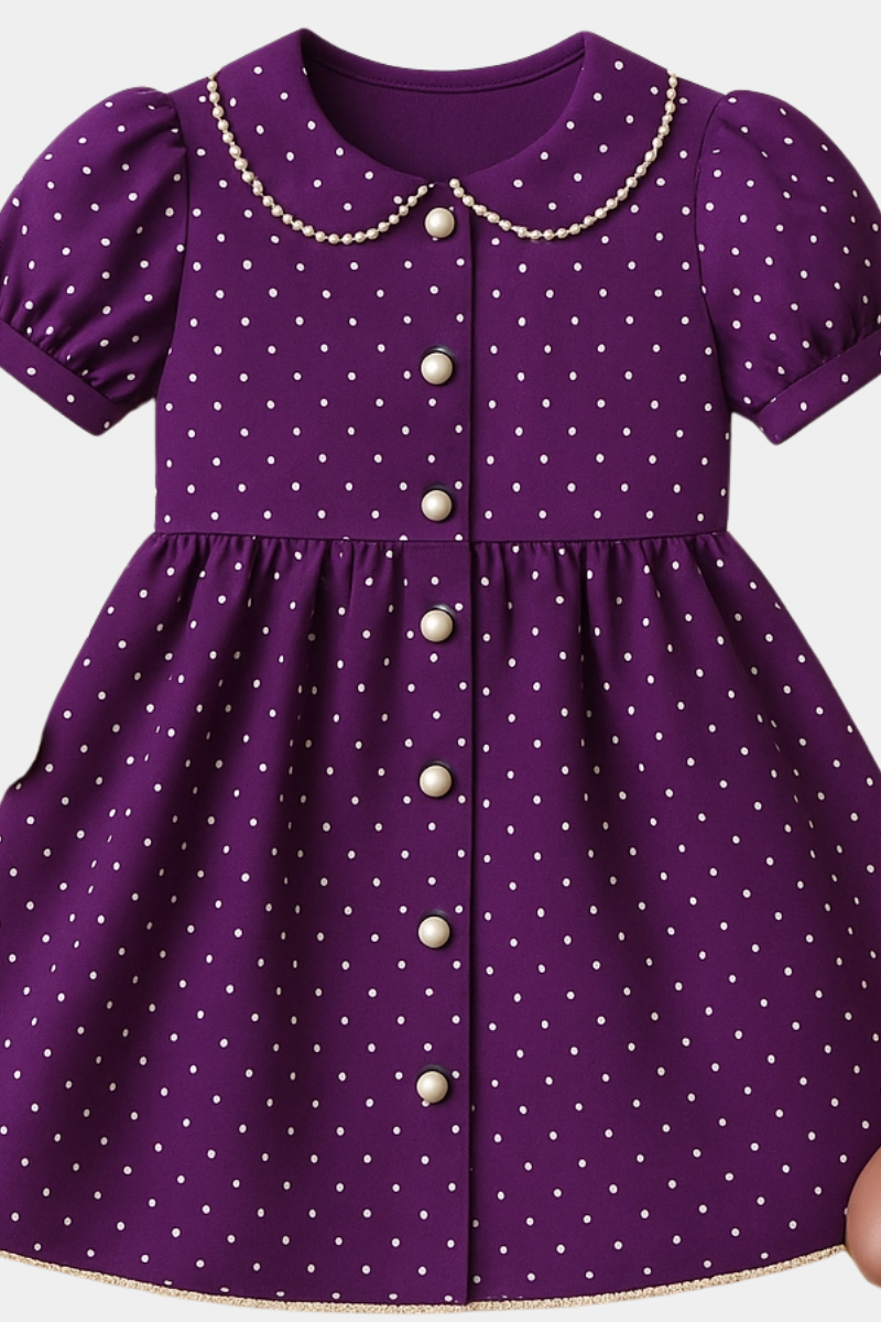Girls’ Purple Polka Dot Dress Shirt with Pearl Detail – Single Shirt