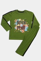 Kids’ “Born to Play” Olive Green Full-Sleeve Pajama Set – Premium Soft Cotton