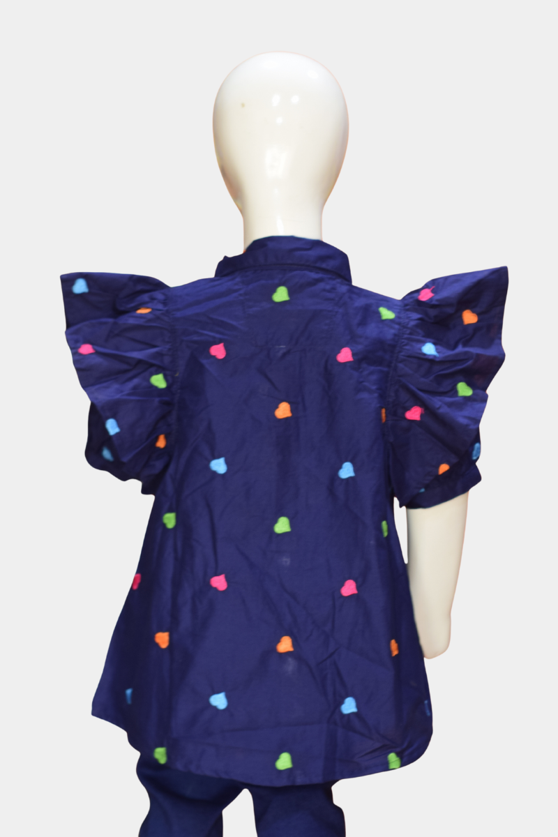 Kids' Navy Heart Embroidered Shirt with Ruffle Sleeves | Adorable Button-Up Top