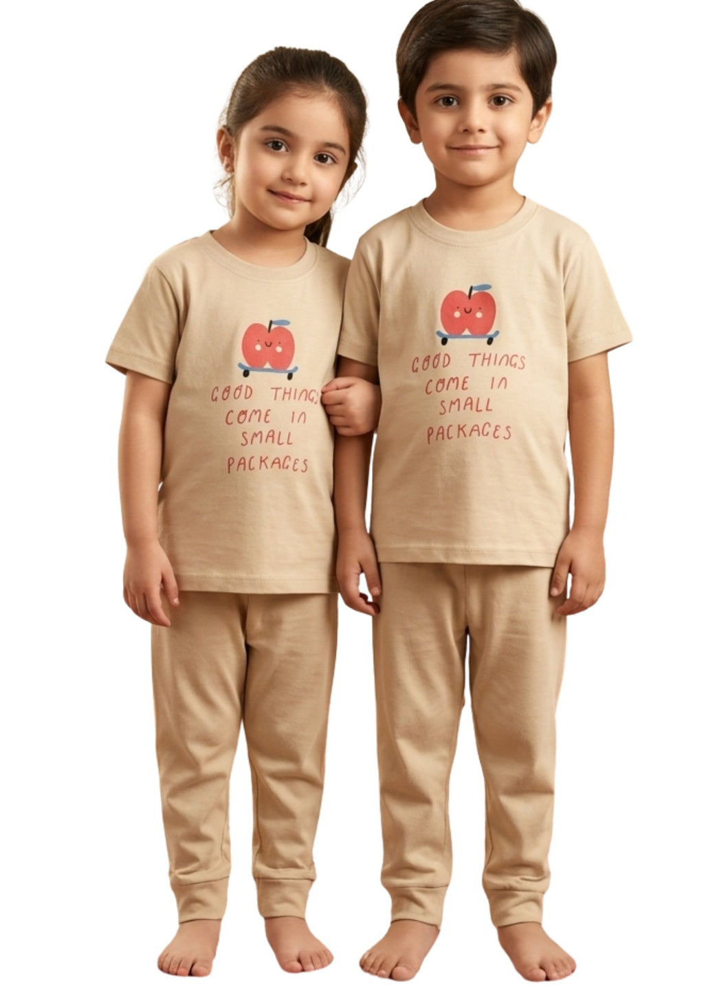 Kids' Unisex Beige Apple Tee & Joggers Pajama Set