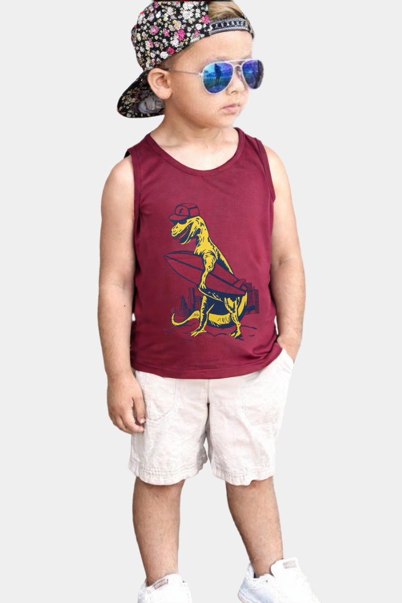 Red Dino Surfer Tank – Cool Waves & Cuter Roars