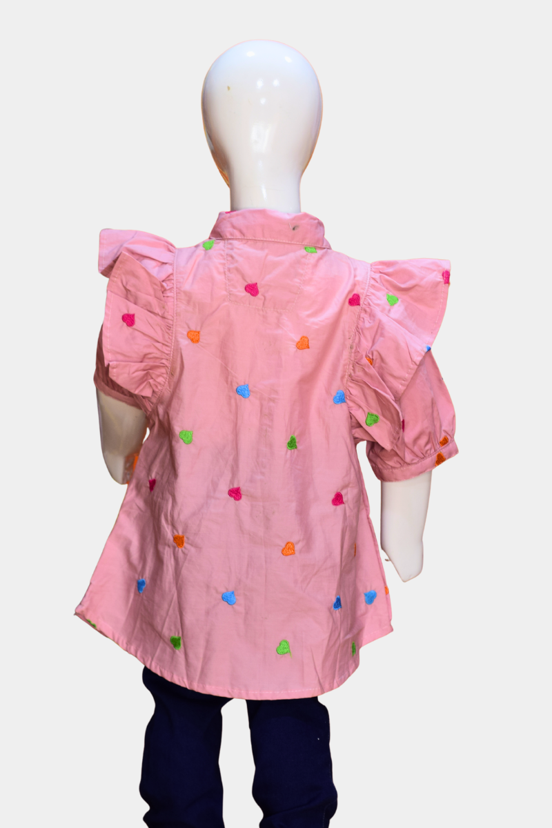 Toddler Girls’ Ruffle Sleeve Shirt with Colorful Heart Embroidery | Casual Cotton Top