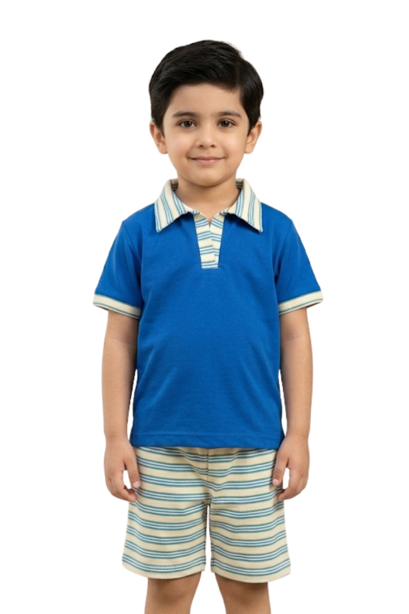 Boys' Royal Blue Polo & Striped Shorts Set