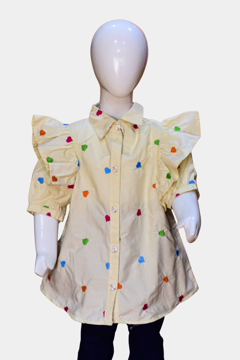 Toddler Girls’ Cream Cotton Shirt | Charming Heart Embroidered Ruffle Sleeve Top