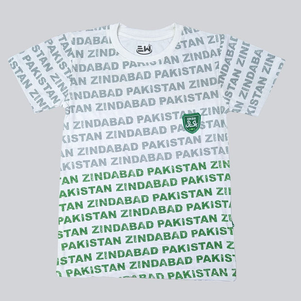 BOYS & GIRLS ALL OVER PRINTED WITH PAKISTAN ZINDABAD BADGE TEE - WHITE