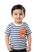 Nautical Striped Kids' T-Shirt with Fun Cartoon Pocket – Blue & White