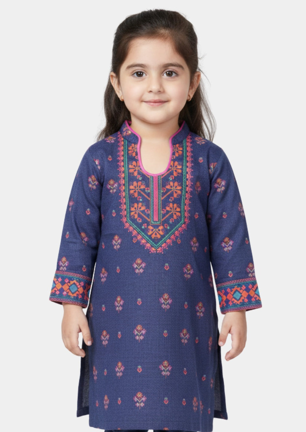 Elegant Navy Blue Kurta with Pink Piping and Geometric Borders