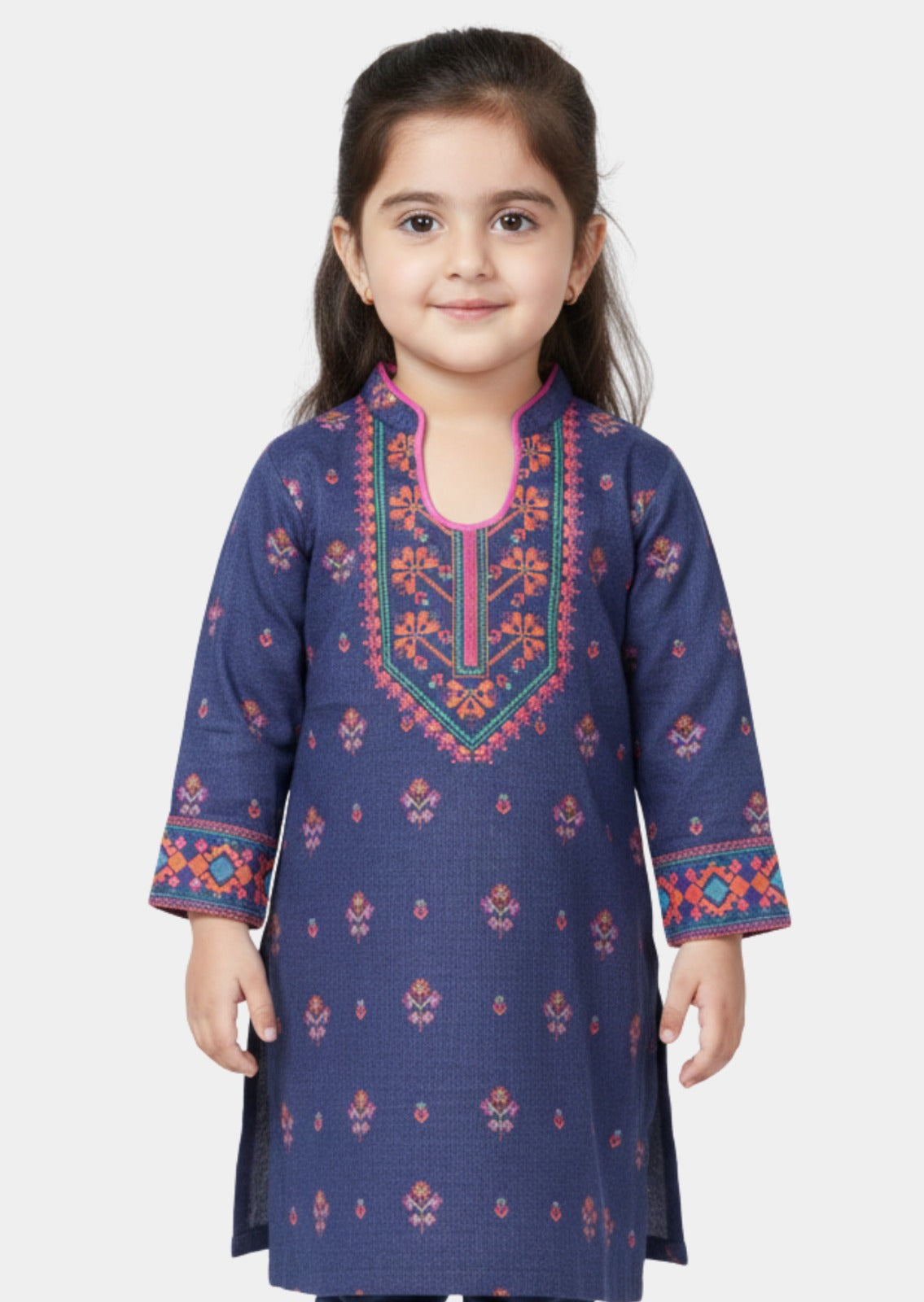 Elegant Navy Blue Kurta with Pink Piping and Geometric Borders