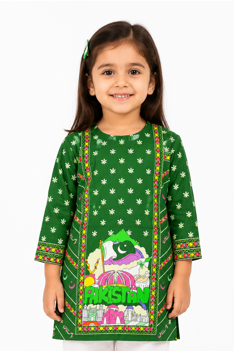 Girls Pakistan Spirit Printed Kurti – Dark Green Independence Day Festive Top
