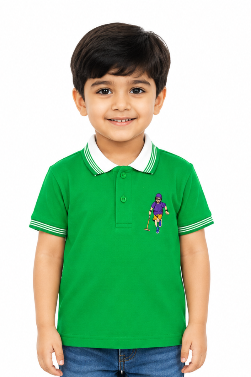 Kids Green Cricket Embroidered Cotton Jersey Polo Shirt
