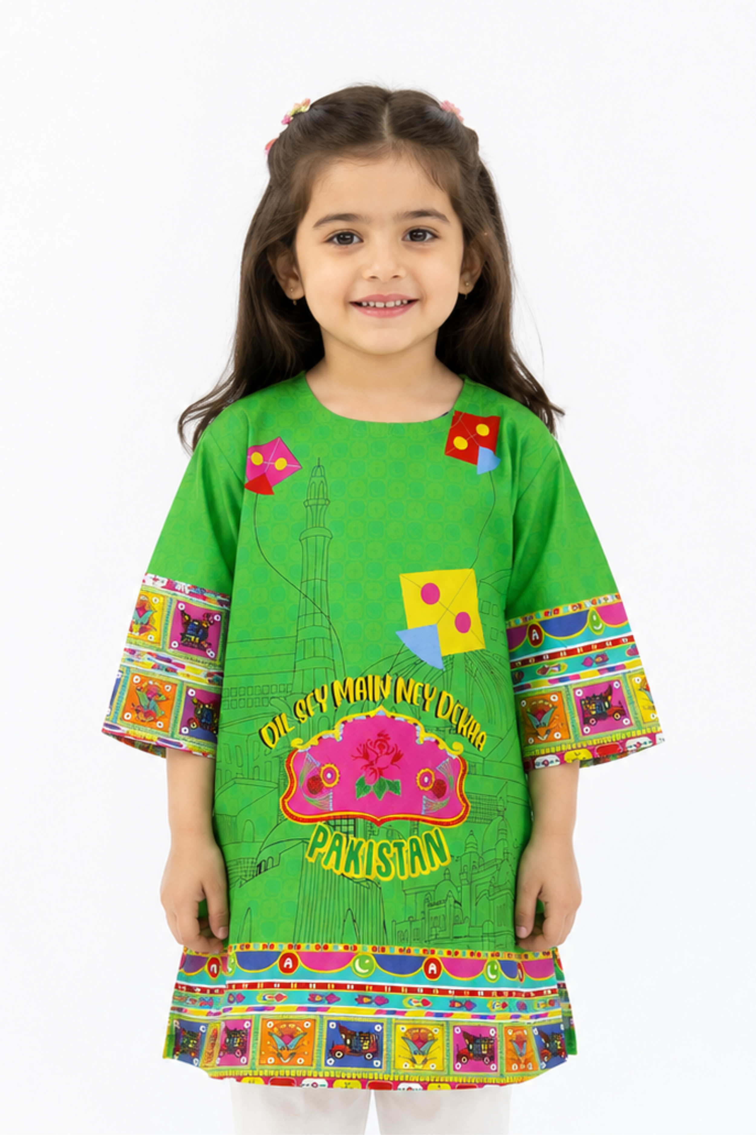 Girls Green Pakistan Independence Printed Kurti – Kids 3/4 Sleeve Casual Top