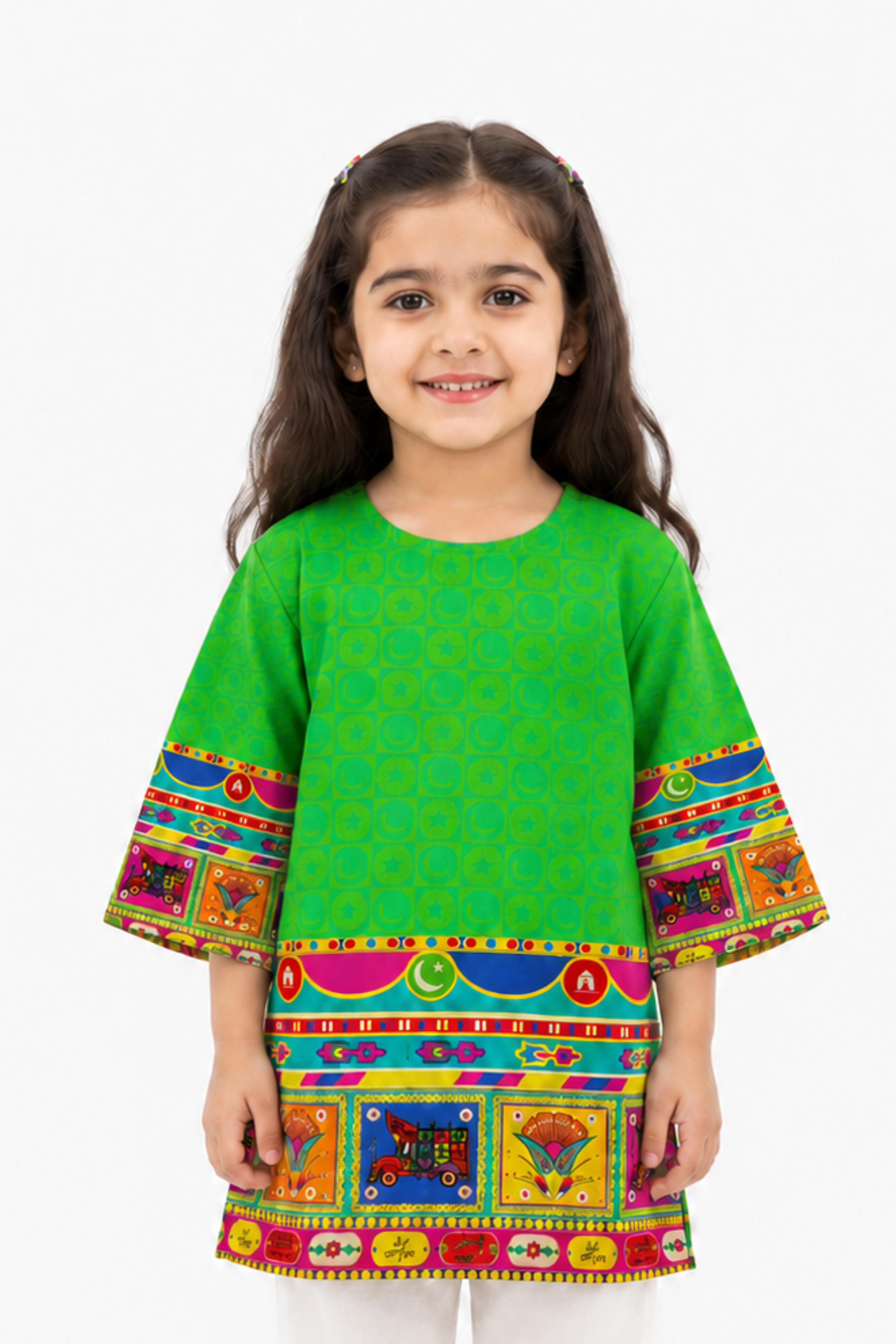 Girls Green Truck Art Printed Kurti – Kids Independence Day Casual Top