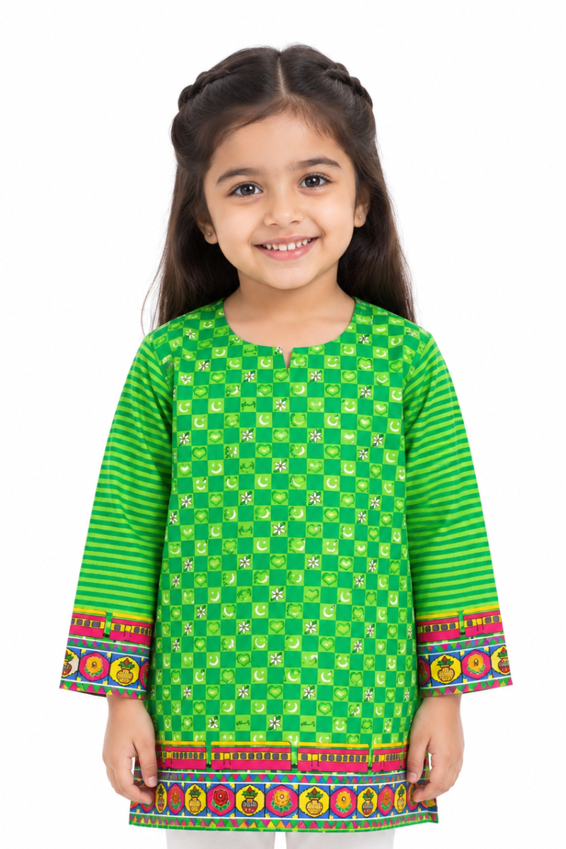 Girls Green 14 August Printed Lawn Cotton Kurti | Pakistan Independence Day Collection
