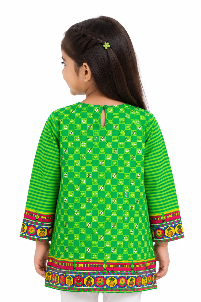 Girls Green 14 August Printed Lawn Cotton Kurti | Pakistan Independence Day Collection