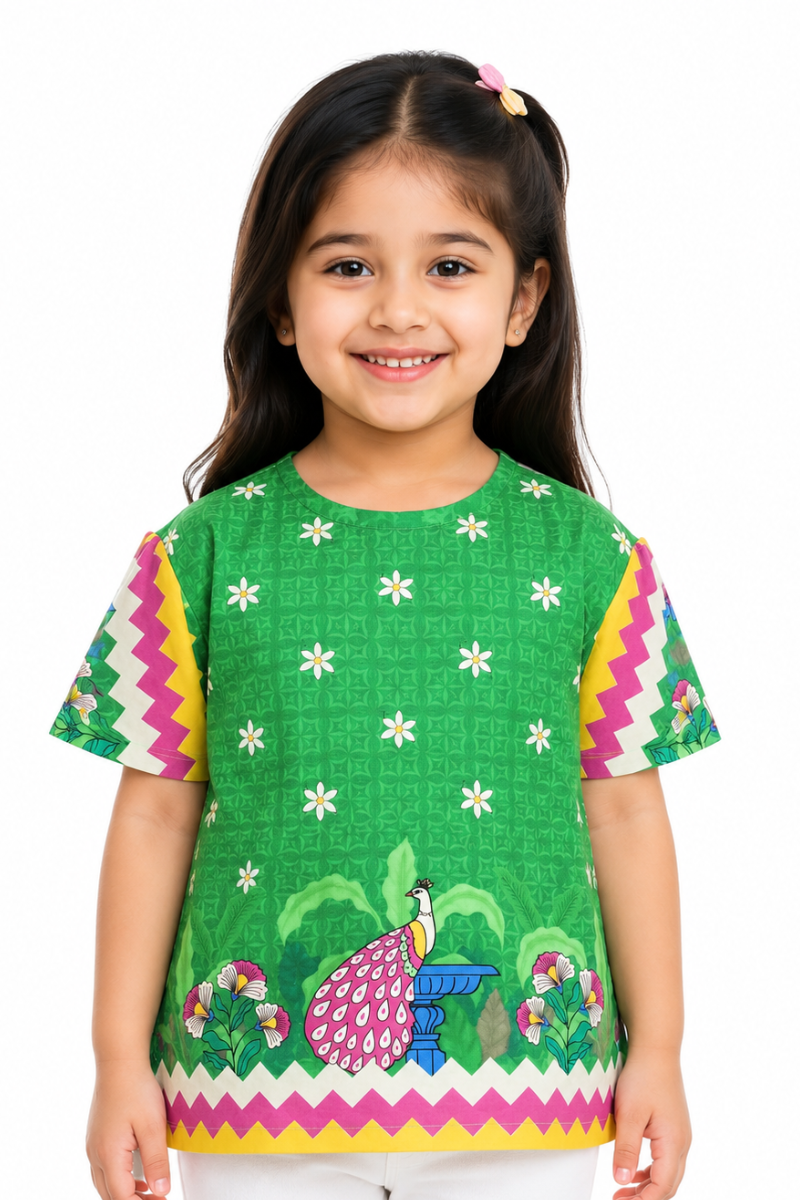 Girls Green Peacock Printed T-Shirt | Premium Lawn Cotton | 14 August Collection