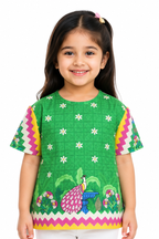 Girls Green Peacock Printed T-Shirt | Premium Lawn Cotton | 14 August Collection