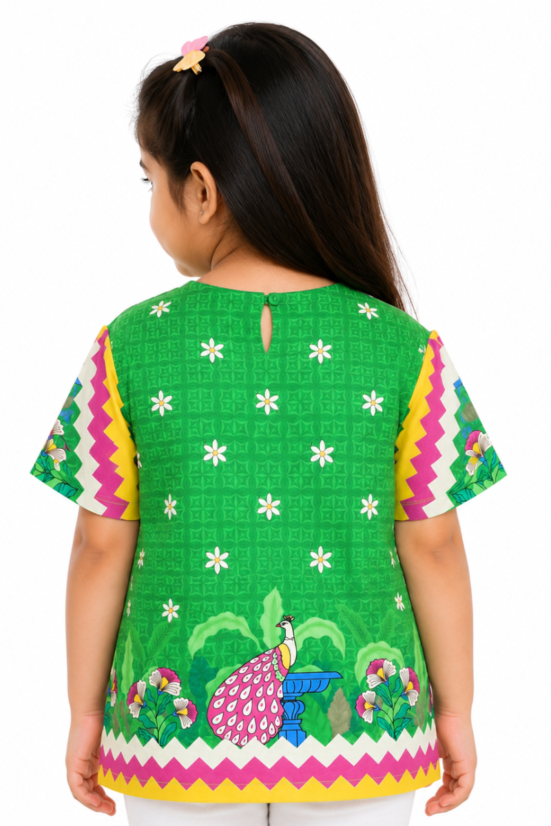 Girls Green Peacock Printed T-Shirt | Premium Lawn Cotton | 14 August Collection