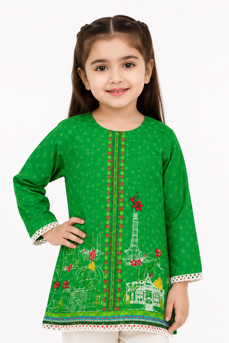 Girls Pakistan Independence Day Green Printed Kurti | Kids Cotton Lawn Top