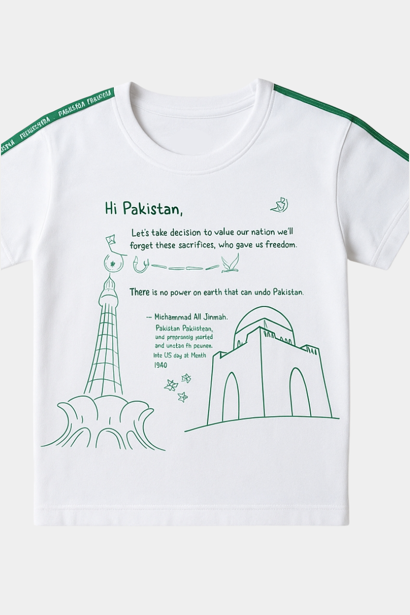 Kids White Pakistan Independence Day T-Shirt – Minar-e-Pakistan & Mazar-e-Quaid Print