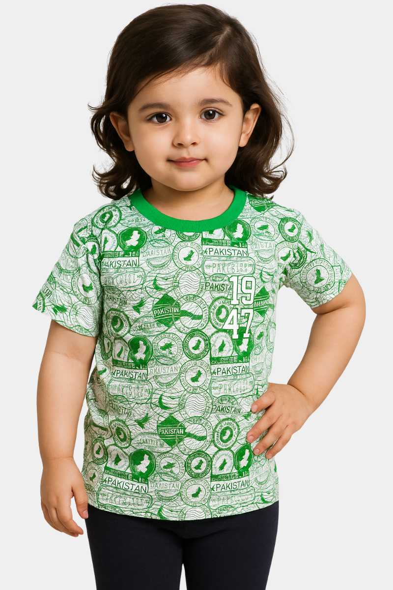 Kids 14th August “Made in Pakistan” Graphic T-Shirt – Green & White Allover Print
