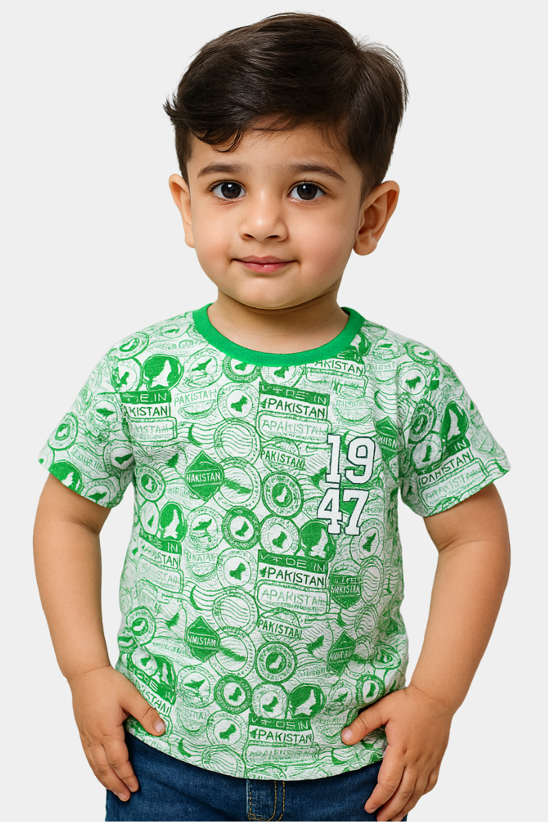 Kids 14th August “Made in Pakistan” Graphic T-Shirt – Green & White Allover Print