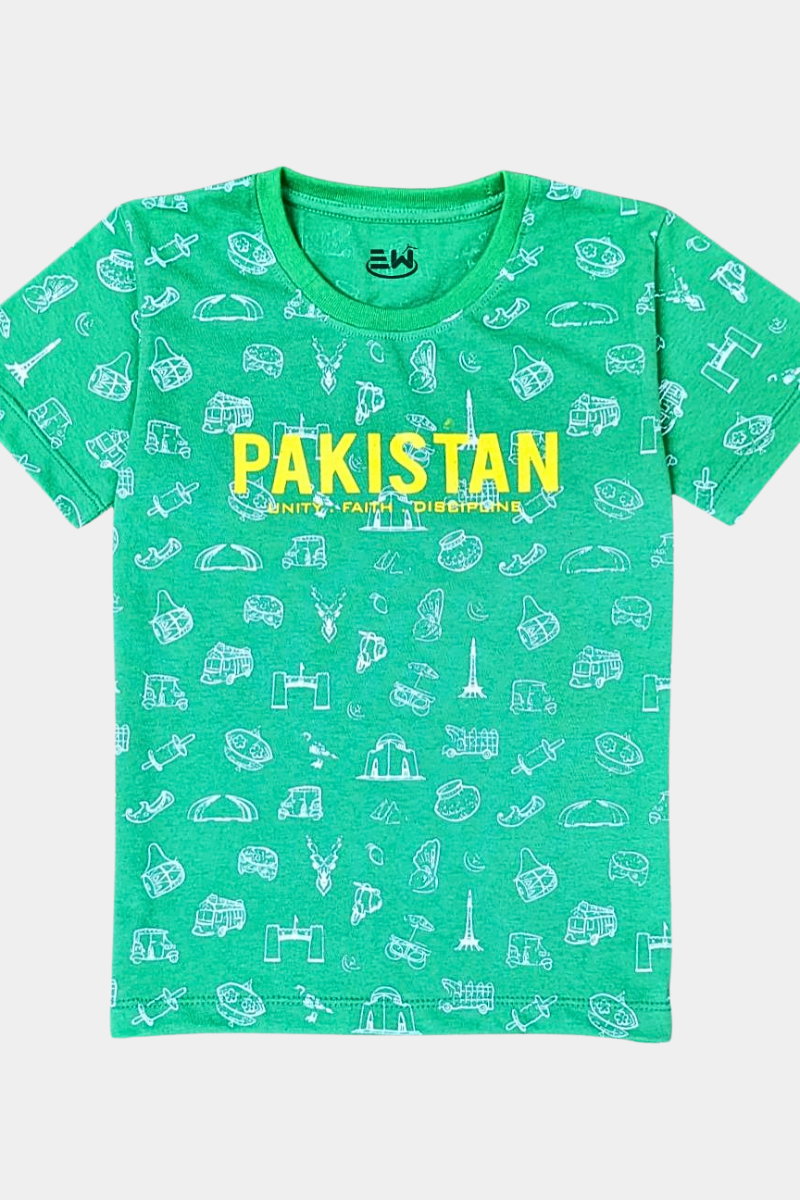 Kids Green Pakistan T-Shirt – “Unity, Faith, Discipline” Heritage Print