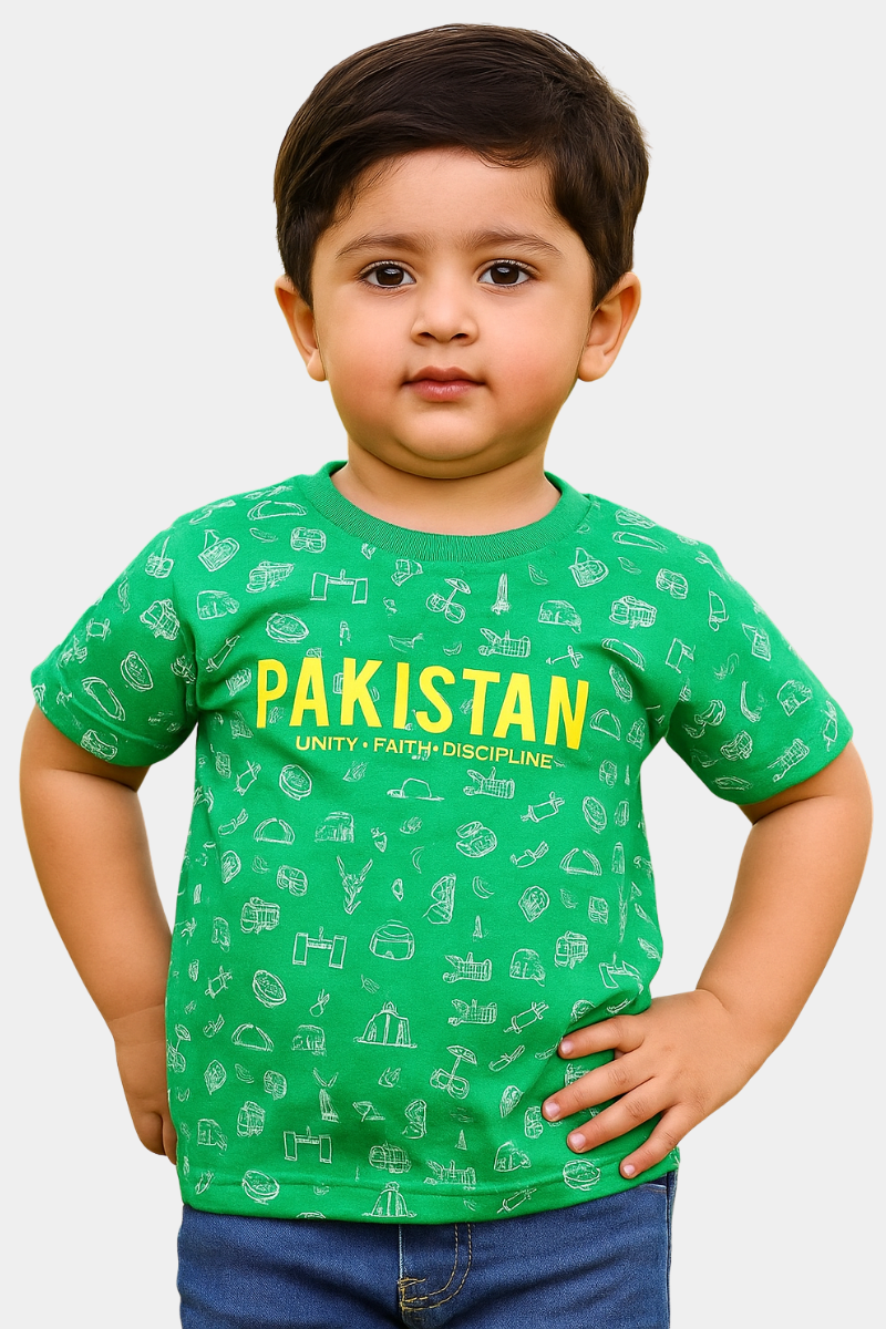 Kids Green Pakistan T-Shirt – “Unity, Faith, Discipline” Heritage Print