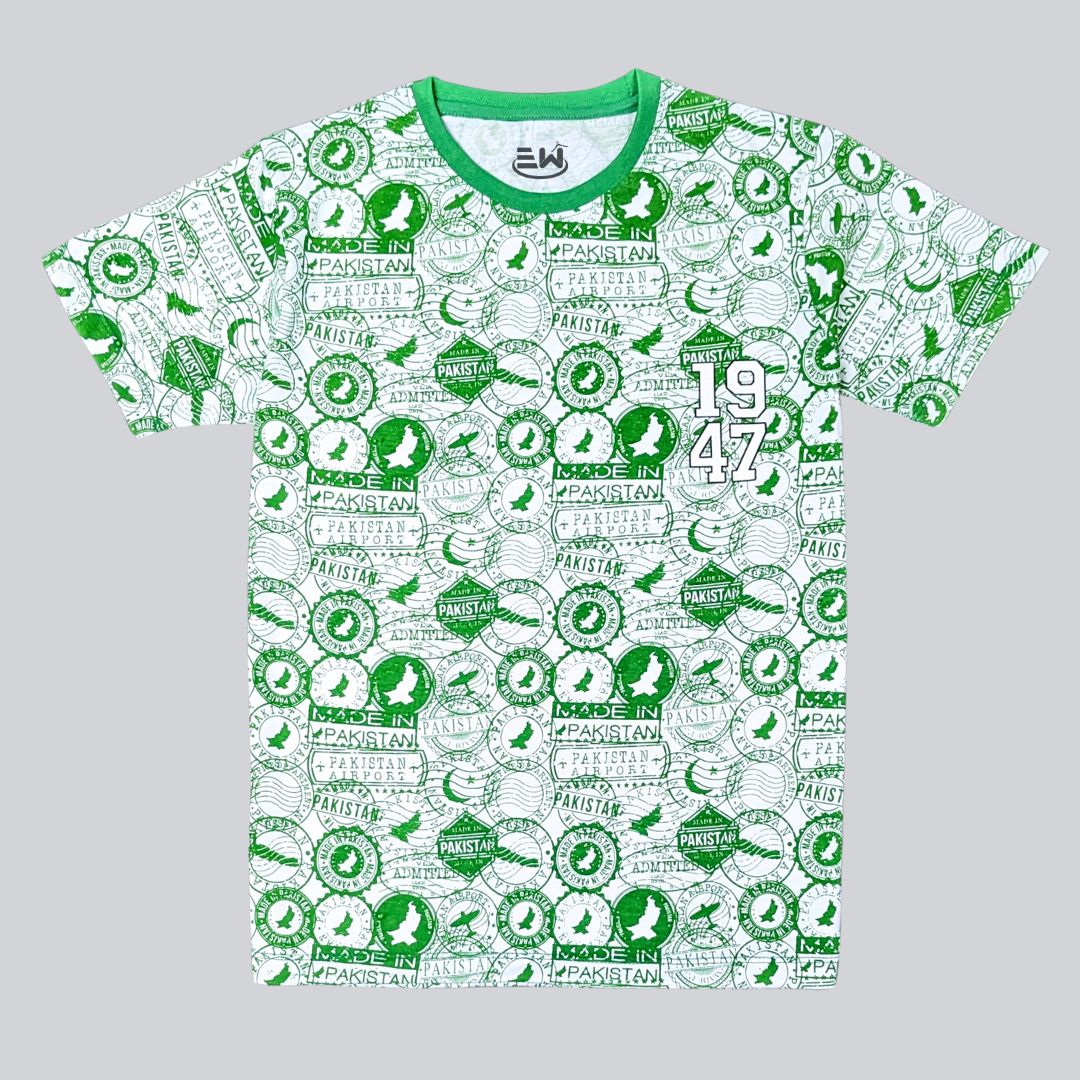 Kids 14th August “Made in Pakistan” Graphic T-Shirt – Green & White Allover Print