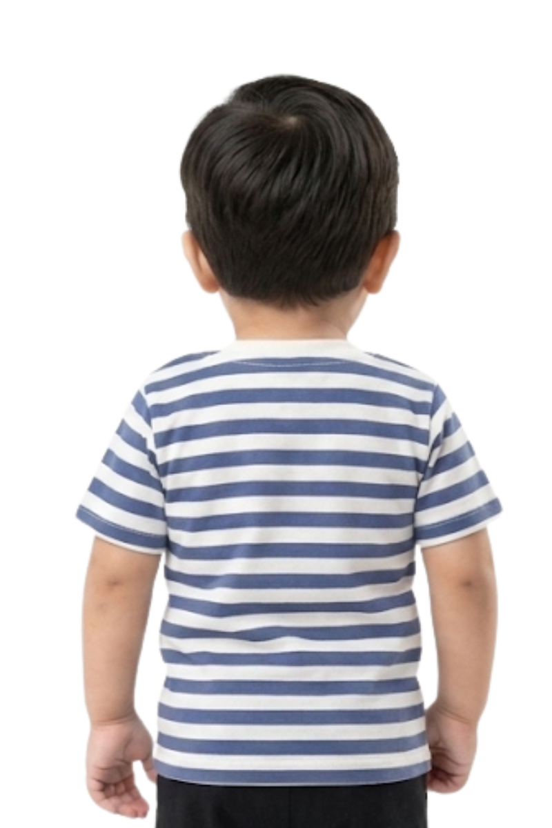 Nautical Striped Kids' T-Shirt with Fun Cartoon Pocket – Blue & White