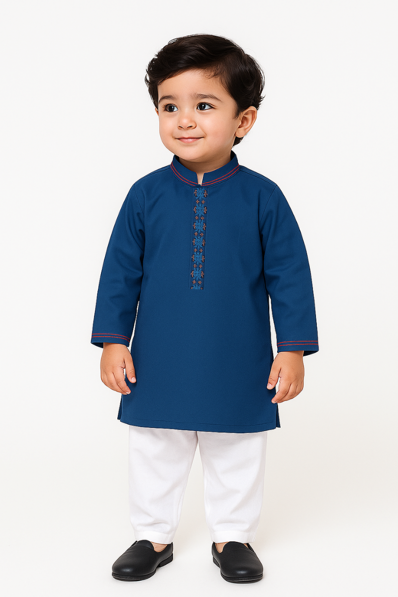 Boys' Navy Blue Kameez Shalwar with Embroidered Placket
