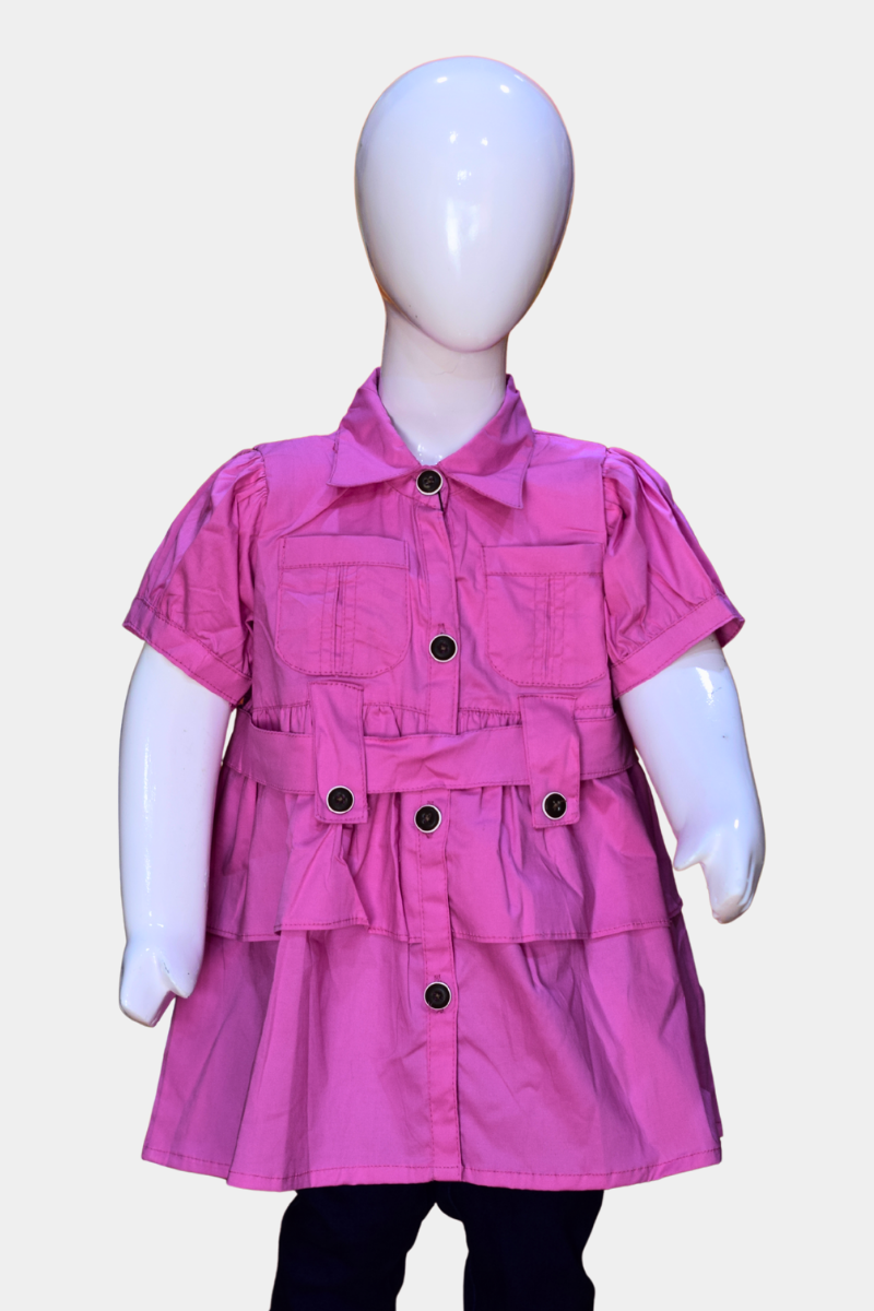 Kids’ Stylish Pink Utility Shirt Dress with Tiered Skirt & Belt | Stylish Girls’ Outfit