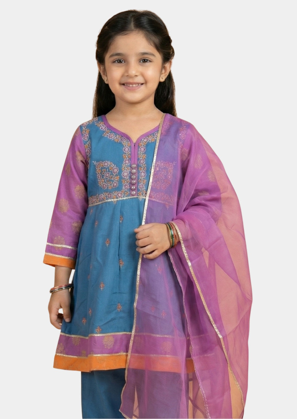 Royal Teal Embroidered Frock Set with Magenta Organza Dupatta
