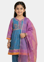 Royal Teal Embroidered Frock Set with Magenta Organza Dupatta