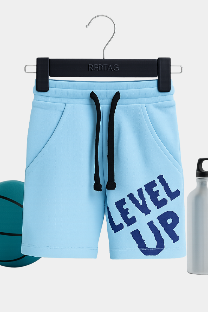 Kids' "Level Up" Light Blue Graphic Cotton Shorts with Drawstring