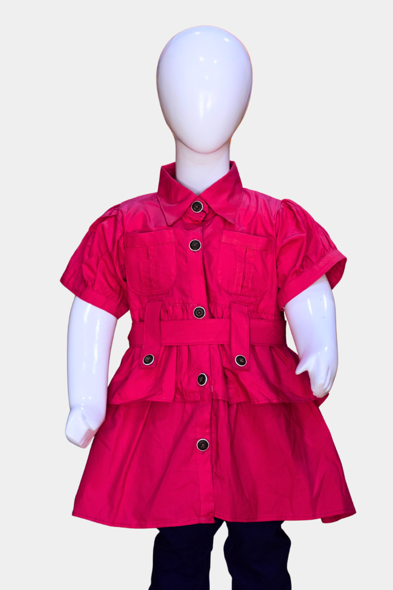 Kids’ Hot Pink Utility Shirt Dress with Tiered Skirt & Belt | Stylish Girls’ Outfit