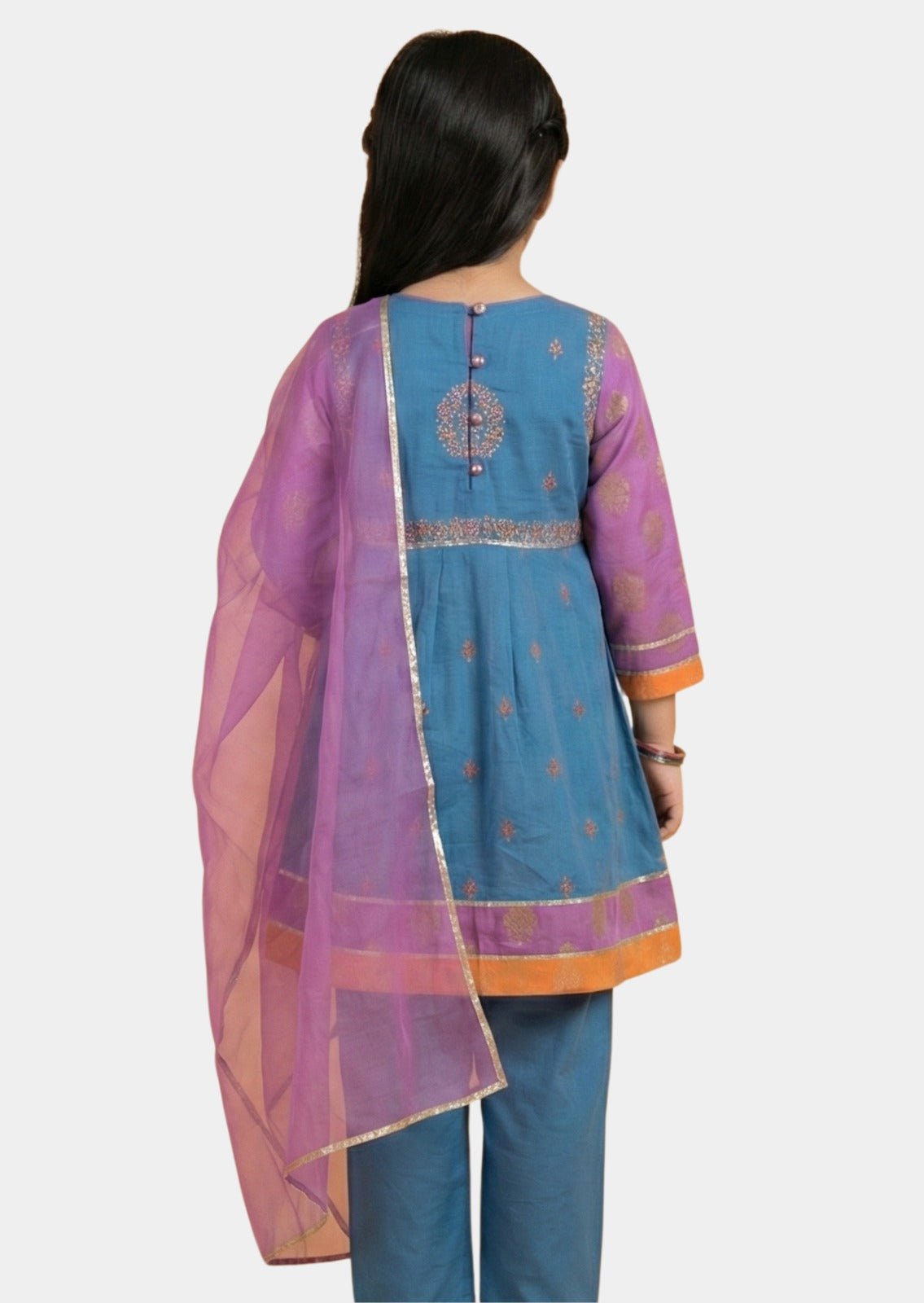 Royal Teal Embroidered Frock Set with Magenta Organza Dupatta