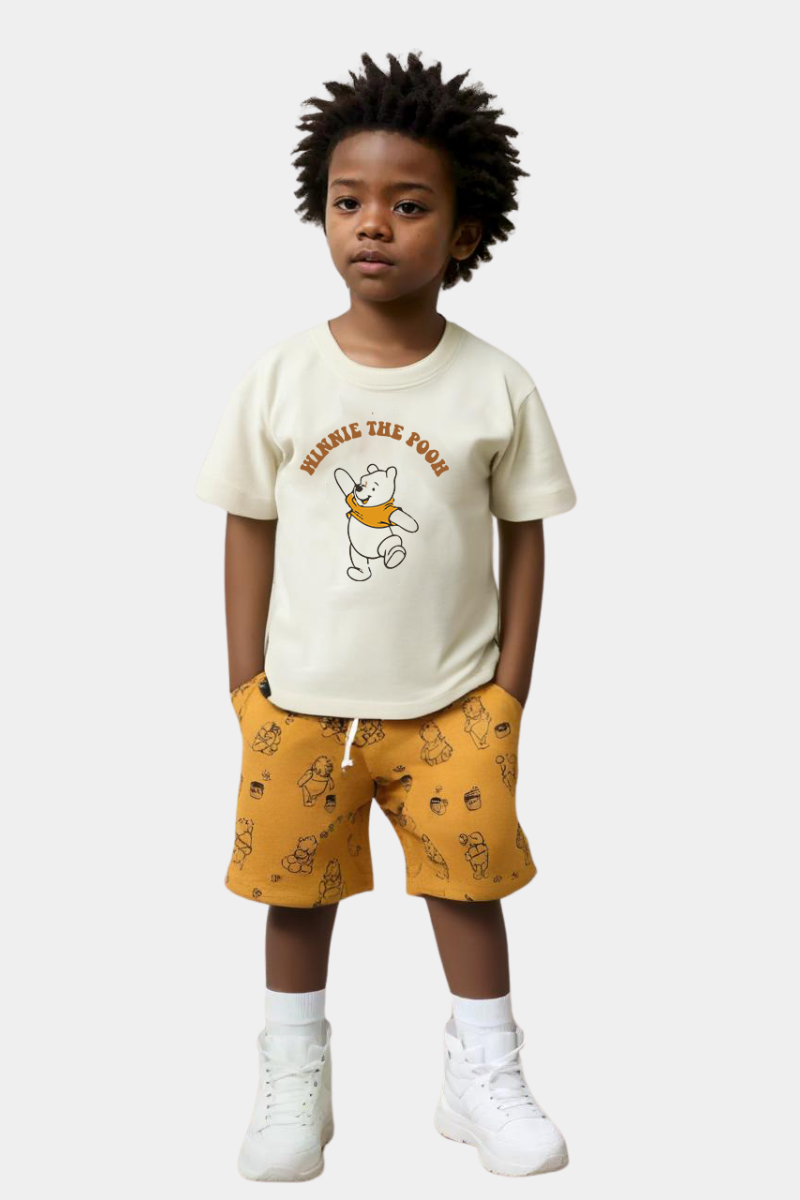 Boys Pooh Print Tee & All-Over Patterned Shorts Set