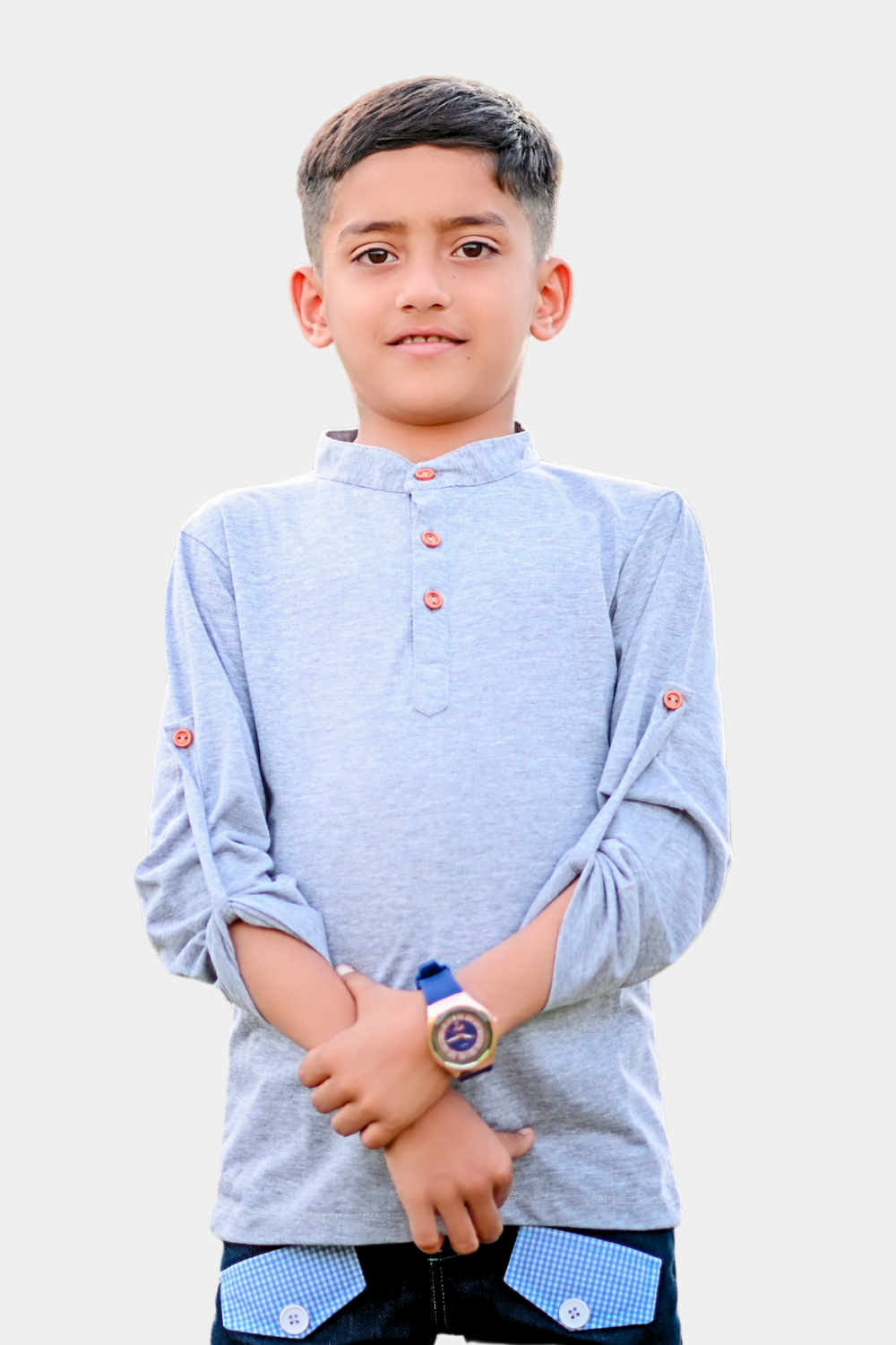 Boys' Casual H.Gray Henley Shirt with Roll-Up Sleeves