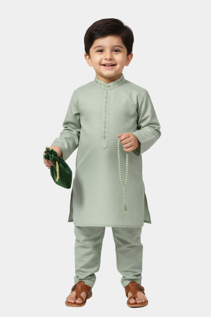 Boys' Mint Green Shalwar Kameez Set with Beaded Detailing