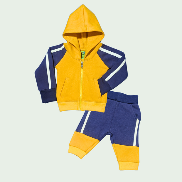 INFANTS BABA/BABY ZIPPER HOODED WITH PANTS 2PC SET - YELLOW/NAVY