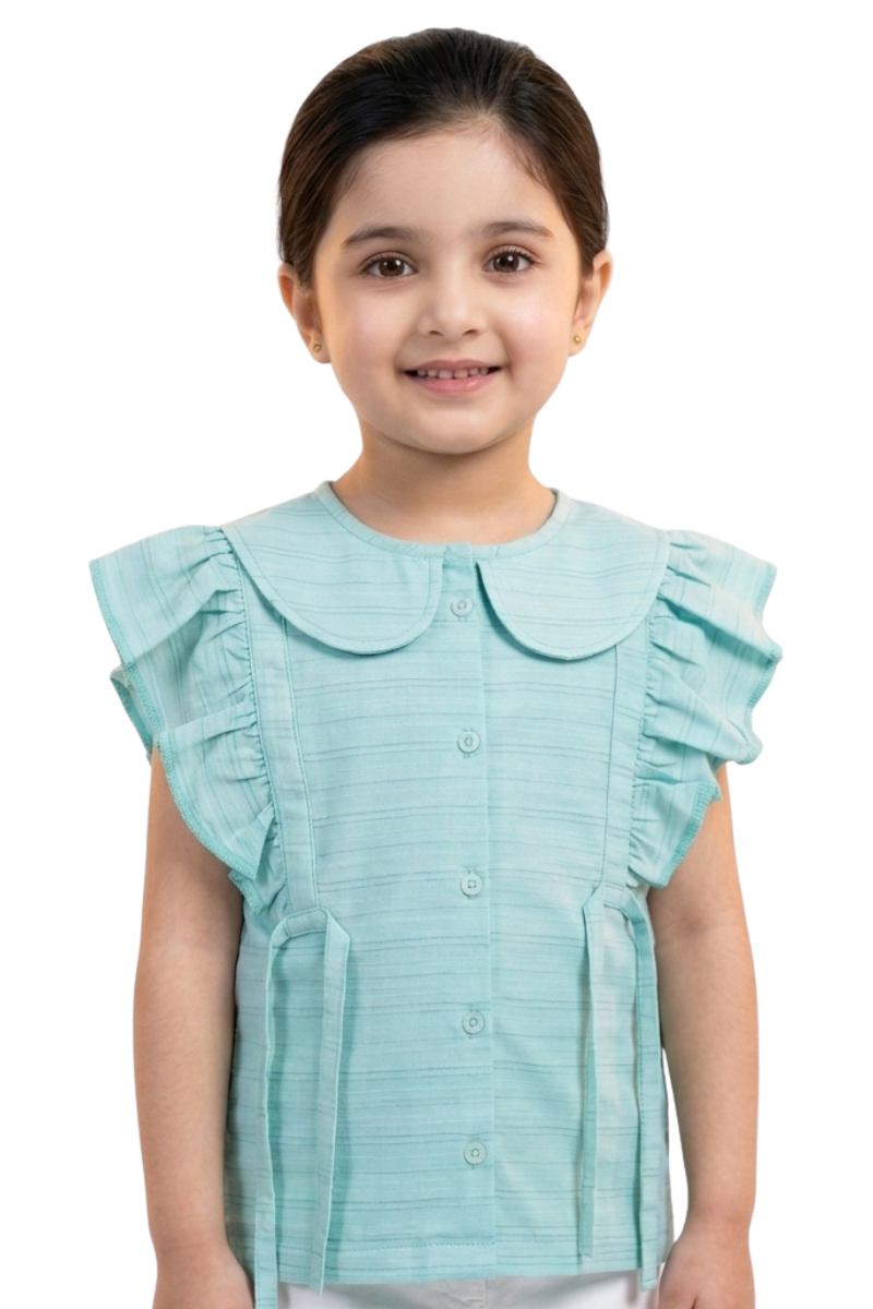 Girls Mint Green China Fabric Frill Sleeve Top