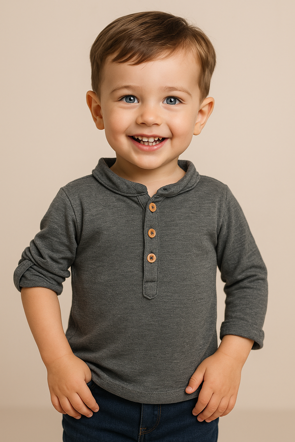 Boys' Casual Blue Henley Shirt with Roll-Up Sleeves - Charcole