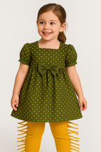 Girls' Olive Green Polka Dot Dress with Bow – Cute & Stylish Toddler Outfit