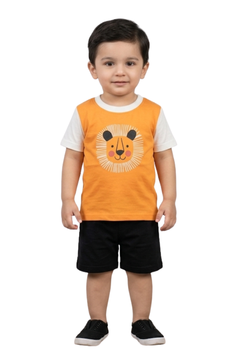 Boys 2-Piece Summer Set – Orange Lion T-Shirt & Black Shorts