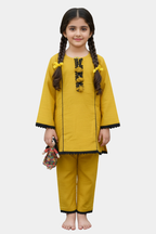 Khaddar Winter Girls' Sunshine Yellow Kurta Pajama Set with Black Details
