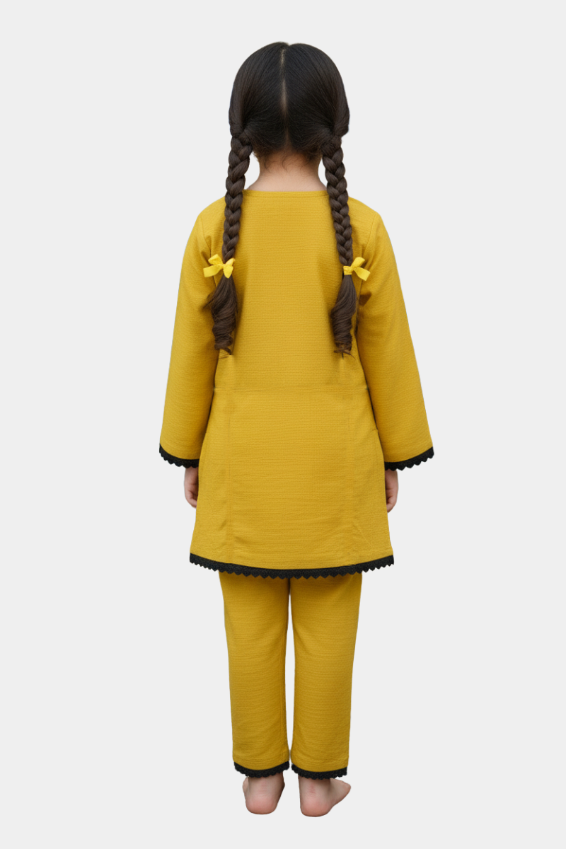Girls' Sunshine Yellow Kurta Pajama Set with Black Details