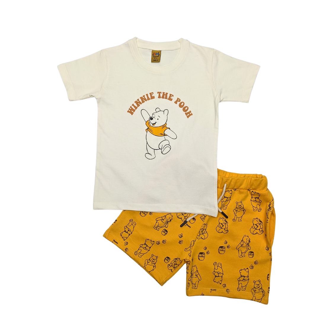 Boys Pooh Print Tee & All-Over Patterned Shorts Set