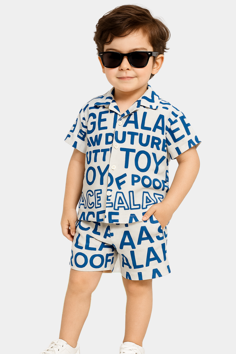 Trendy Typography Printed Boys' Summer Outfit - Blue