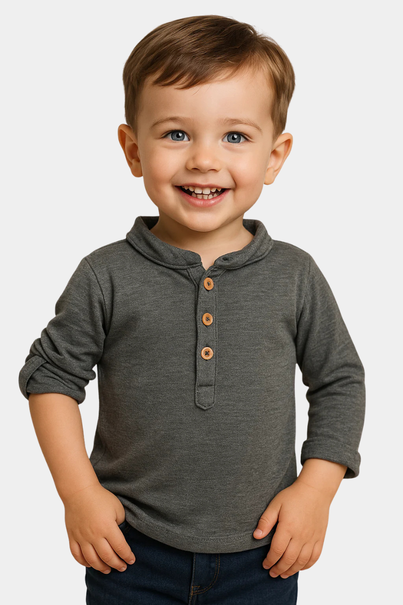 Boys' Casual Blue Henley Shirt with Roll-Up Sleeves - Charcole